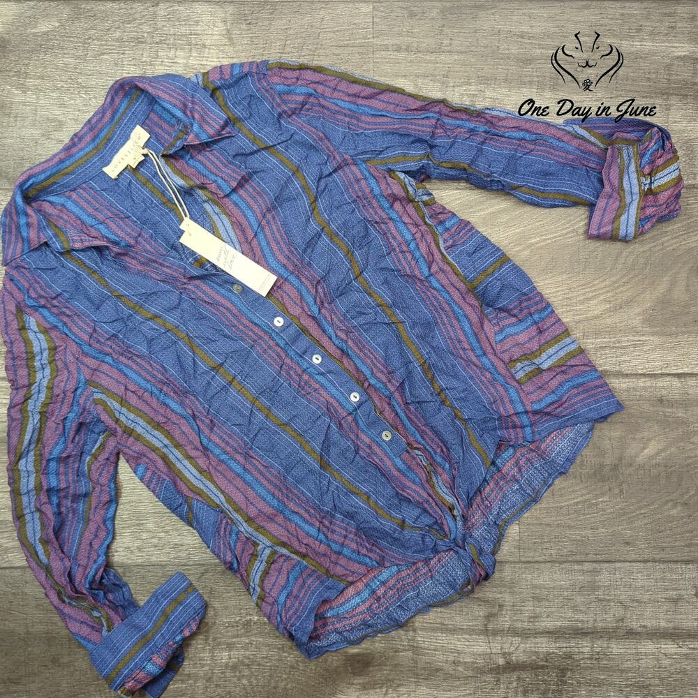 Lovestitch Striped Button Down Shirt Blue Pink Boho Long Sleeve NWT Size S